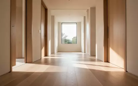 Ein heller, minimalistischer Flur in einer barrierefreien Wohnung mit breiten Durchgängen und hellem Holzboden. - Foto: über boerse-global.de