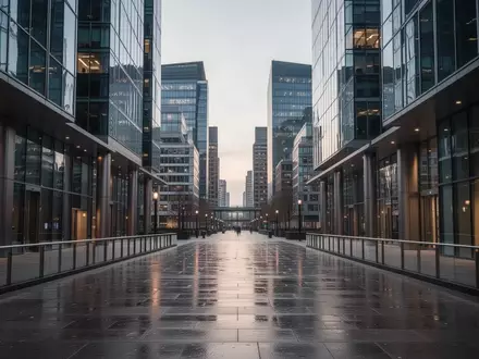 Eine menschenleere, moderne Fußgängerzone im Londoner Finanzviertel Canary Wharf bei Dämmerung mit architektonischen Glasfassaden. - Foto: über boerse-global.de