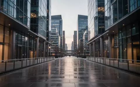 Eine menschenleere, moderne Fußgängerzone im Londoner Finanzviertel Canary Wharf bei Dämmerung mit architektonischen Glasfassaden. - Foto: über boerse-global.de