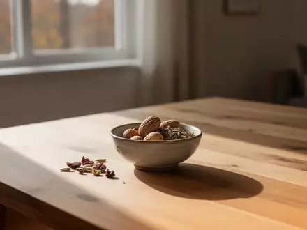 Eine minimalistische Holztischplatte in einem sonnendurchfluteten Raum mit einer kleinen Schale voller Nüsse und Samen. - Foto: über boerse-global.de
