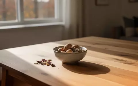 Eine minimalistische Holztischplatte in einem sonnendurchfluteten Raum mit einer kleinen Schale voller Nüsse und Samen. - Foto: über boerse-global.de