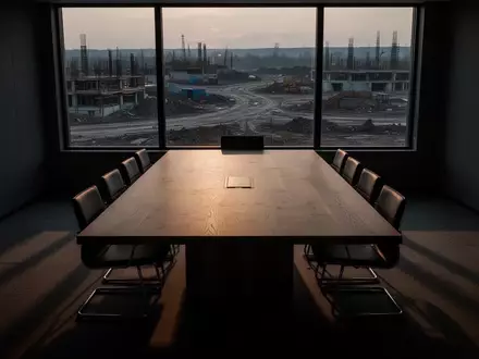 Ein leerer Konferenztisch in einem schattigen Raum vor dem Hintergrund einer unbesetzten Baustelle bei Dämmerung. - Foto: über boerse-global.de