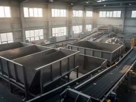 Innenansicht einer modernen industriellen Recyclinganlage mit leeren Sortierbehältern und Förderbändern in natürlichem Licht. - Foto: über boerse-global.de