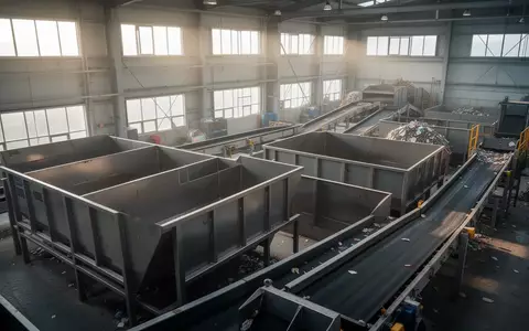 Innenansicht einer modernen industriellen Recyclinganlage mit leeren Sortierbehältern und Förderbändern in natürlichem Licht. - Foto: über boerse-global.de