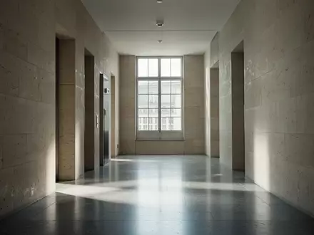 Ein minimalistischer, menschenleerer Flur in einem Regierungsgebäude mit Steinboden und hellem Tageslichteinfall. - Foto: über boerse-global.de
