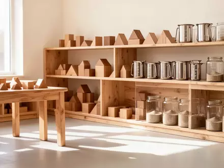 Ein heller, minimalistischer Lernraum mit hölzernen Bausteinen, Bechern und Sandbehältern auf Regalen in einer natürlichen Umgebung. - Foto: über boerse-global.de