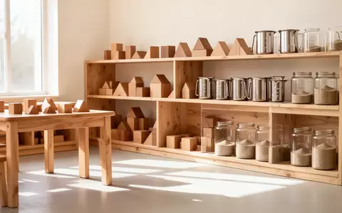 Ein heller, minimalistischer Lernraum mit hölzernen Bausteinen, Bechern und Sandbehältern auf Regalen in einer natürlichen Umgebung. - Foto: über boerse-global.de