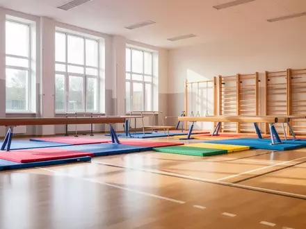 Heller, leerer Schulturnraum mit Sportgeräten und Bodenmatten in einem modernen Schulgebäude. - Foto: über boerse-global.de