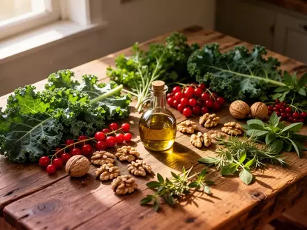 Frische Lebensmittel wie Beeren, Nüsse, grünes Blattgemüse und Olivenöl auf einem rustikalen Holztisch. - Foto: über boerse-global.de