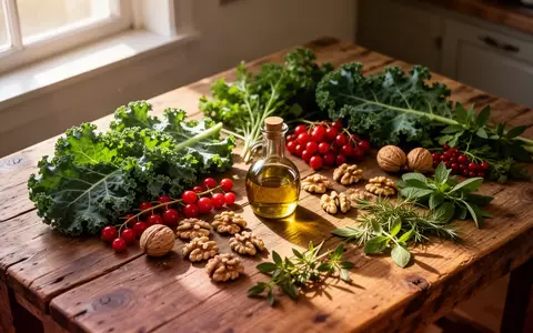 Frische Lebensmittel wie Beeren, Nüsse, grünes Blattgemüse und Olivenöl auf einem rustikalen Holztisch. - Foto: über boerse-global.de