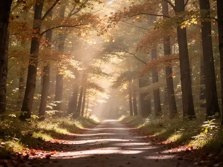 Ein friedlicher Waldweg im Herbst mit sanftem Sonnenlicht, der Ruhe und seelische Ausgeglichenheit symbolisiert. - Foto: über boerse-global.de