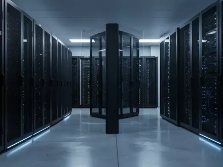 Ein moderner Serverraum mit ordentlich angeordneten, dunklen Server-Racks in einer minimalistischen Umgebung mit bläulicher Beleuchtung. - Foto: über boerse-global.de