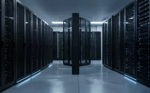 Ein moderner Serverraum mit ordentlich angeordneten, dunklen Server-Racks in einer minimalistischen Umgebung mit bläulicher Beleuchtung. - Foto: über boerse-global.de