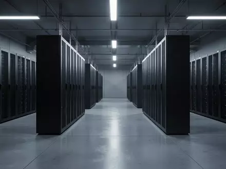 Ein minimalistischer, modern gestalteter Serverraum mit dunklen Metall-Serverracks in einer weitläufigen, industriellen Umgebung. - Foto: über boerse-global.de