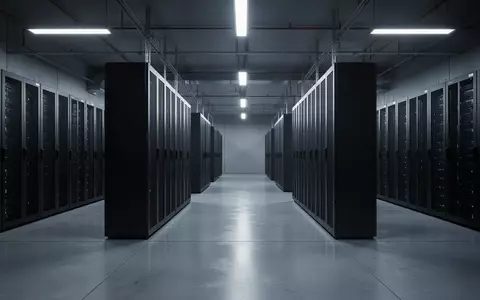 Ein minimalistischer, modern gestalteter Serverraum mit dunklen Metall-Serverracks in einer weitläufigen, industriellen Umgebung. - Foto: über boerse-global.de