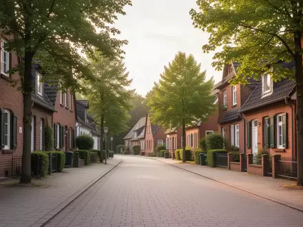 Eine ruhige Wohnstraße in einer deutschen Kleinstadt mit gepflegten Backsteinhäusern und Gehwegen bei Sonnenschein. - Foto: über boerse-global.de