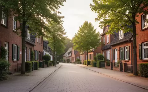Eine ruhige Wohnstraße in einer deutschen Kleinstadt mit gepflegten Backsteinhäusern und Gehwegen bei Sonnenschein. - Foto: über boerse-global.de