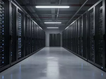 Reihen von Server-Racks in einem modernen Rechenzentrum bei gedimmter Beleuchtung. - Foto: über boerse-global.de