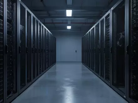 Ein minimalistisch beleuchteter Serverraum mit dunklen, ungenutzten Server-Racks und glänzendem Betonboden. - Foto: über boerse-global.de