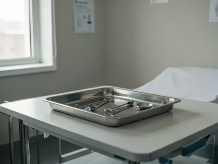 Ein steriler, klinischer Untersuchungsraum in einem Krankenhaus mit einem Edelstahltablett auf einem weißen Tisch. - Foto: über boerse-global.de