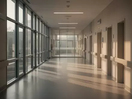 Ein heller, menschenleerer Krankenhausflur mit einfallendem Tageslicht und minimalistischer Architektur. - Foto: über boerse-global.de