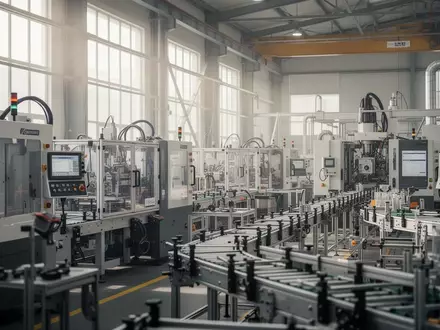 Moderne Industriefertigung in einer hellen Werkshalle mit präzisen Maschinen. - Foto: über boerse-global.de