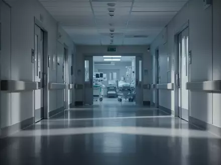 Ein leerer, modern gestalteter Krankenhausflur mit kühler Beleuchtung und klaren architektonischen Linien. - Foto: über boerse-global.de