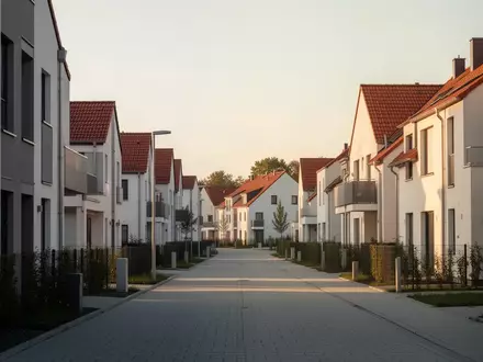 Eine ruhige Wohnstraße mit modernen Wohnhäusern in einer deutschen Vorstadtsiedlung bei goldenem Abendlicht. - Foto: über boerse-global.de