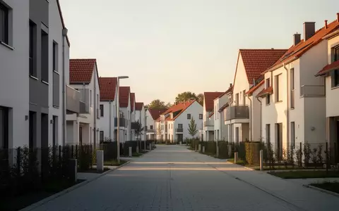 Eine ruhige Wohnstraße mit modernen Wohnhäusern in einer deutschen Vorstadtsiedlung bei goldenem Abendlicht. - Foto: über boerse-global.de