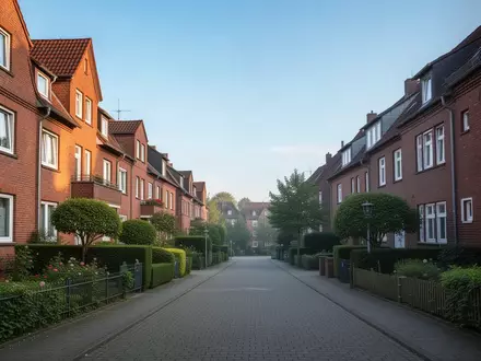 Eine ruhige Wohnstraße mit Backsteingebäuden und gepflegten Vorgärten bei Tageslicht. - Foto: über boerse-global.de