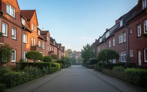 Eine ruhige Wohnstraße mit Backsteingebäuden und gepflegten Vorgärten bei Tageslicht. - Foto: über boerse-global.de
