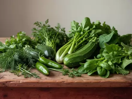 Frisches grünes Gemüse und Kräuter auf einem rustikalen Holztisch als Symbol für eine entzündungshemmende Ernährung. - Foto: über boerse-global.de
