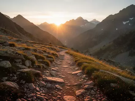 Ein sonnenbeschienener Bergpfad in einer alpinen Hochgebirgslandschaft bei Sonnenaufgang. - Foto: über boerse-global.de