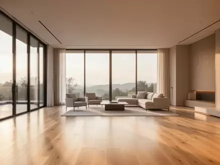 Ein lichtdurchfluteter, moderner Wohnraum mit poliertem Holzboden und bodentiefen Fenstern. - Foto: über boerse-global.de