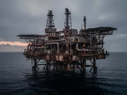 Eine weite, industrielle Ölplattform in einer abgelegenen, rauen Meereslandschaft bei Dämmerung. - Foto: über boerse-global.de