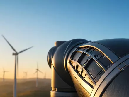 Moderne Windkraftanlage vor blauem Himmel bei Sonnenuntergang - Foto: über boerse-global.de