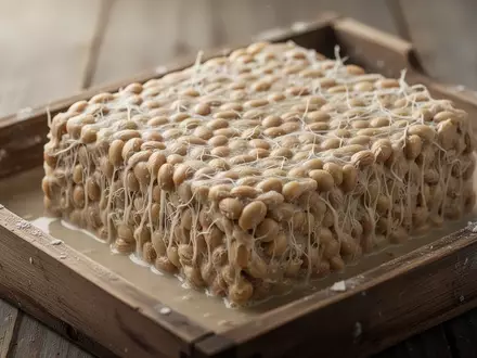 Nahaufnahme von frisch fermentiertem Tempeh mit sichtbarer Myzelstruktur auf einer hölzernen Unterlage. - Foto: über boerse-global.de