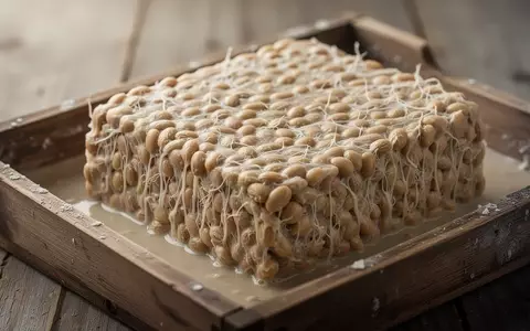 Nahaufnahme von frisch fermentiertem Tempeh mit sichtbarer Myzelstruktur auf einer hölzernen Unterlage. - Foto: über boerse-global.de