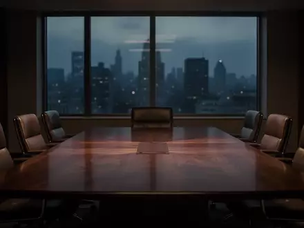 Ein leerer, dunkler Konferenztisch in einem modernen Bürogebäude bei Dämmerung, das eine ernste und angespannte Atmosphäre vermittelt. - Foto: über boerse-global.de