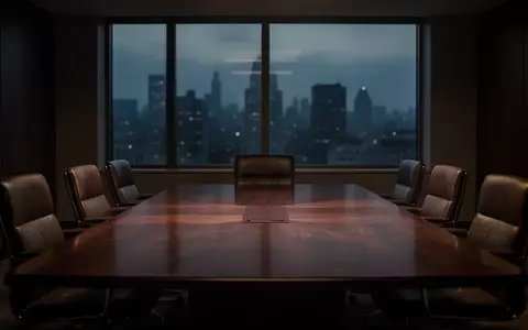 Ein leerer, dunkler Konferenztisch in einem modernen Bürogebäude bei Dämmerung, das eine ernste und angespannte Atmosphäre vermittelt. - Foto: über boerse-global.de