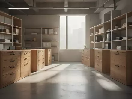 Ein minimalistisch eingerichtetes Büro mit leeren Aktenschränken und Regalen in einer hellen, modernen Umgebung. - Foto: über boerse-global.de
