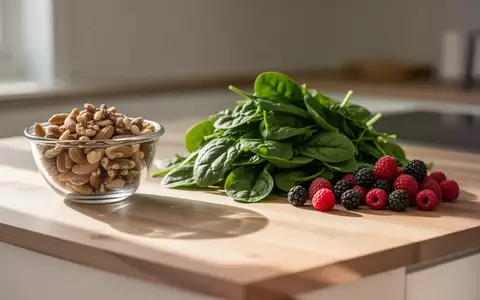 Frische, gesunde Lebensmittel wie Nüsse, Spinat und Beeren auf einer hölzernen Küchenoberfläche bei natürlichem Licht. - Foto: über boerse-global.de