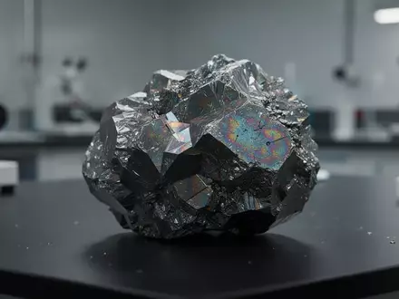 Eine Nahaufnahme einer kristallinen Mineralstruktur mit metallischem Glanz auf einem dunklen Labortisch. - Foto: über boerse-global.de