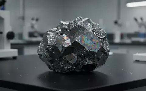 Eine Nahaufnahme einer kristallinen Mineralstruktur mit metallischem Glanz auf einem dunklen Labortisch. - Foto: über boerse-global.de