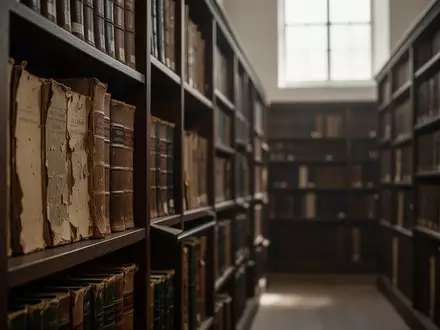 Leere Regale in einer historischen Bibliothek mit warmem, natürlichem Licht und Fokus auf die Textur alter Buchrücken. - Foto: über boerse-global.de