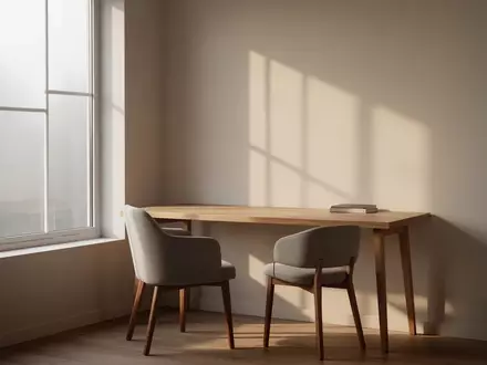Ein leerer, minimalistischer Arbeitsplatz in einem Homeoffice mit einem Holztisch und einem Stuhl bei natürlichem Licht. - Foto: über boerse-global.de