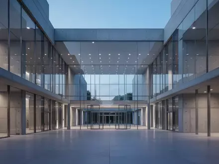 Ein modernes, minimalistisches Regierungsgebäude aus Glas und Beton in der Abenddämmerung mit geometrischen Linien. - Foto: über boerse-global.de