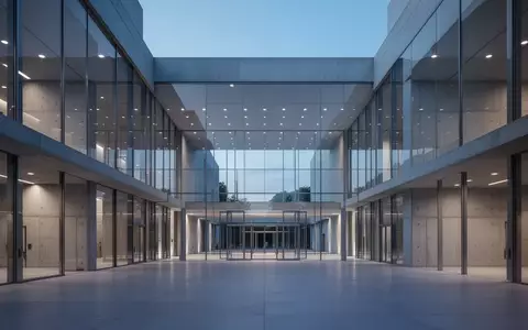 Ein modernes, minimalistisches Regierungsgebäude aus Glas und Beton in der Abenddämmerung mit geometrischen Linien. - Foto: über boerse-global.de