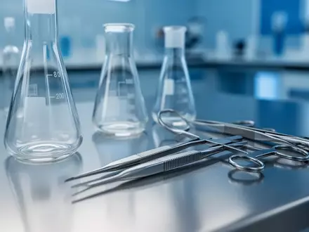 Moderne, sterile Laborumgebung mit medizinischen Instrumenten aus Metall auf einer Edelstahloberfläche. - Foto: über boerse-global.de