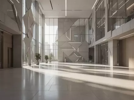 Moderne, minimalistische Architektur eines Verwaltungsgebäudes mit geometrischen Schattenwürfen auf poliertem Boden. - Foto: über boerse-global.de